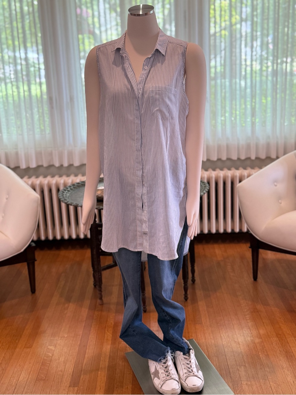 Rails Sleeveless Button-Down Tunic in Light Blue and White Stripes
